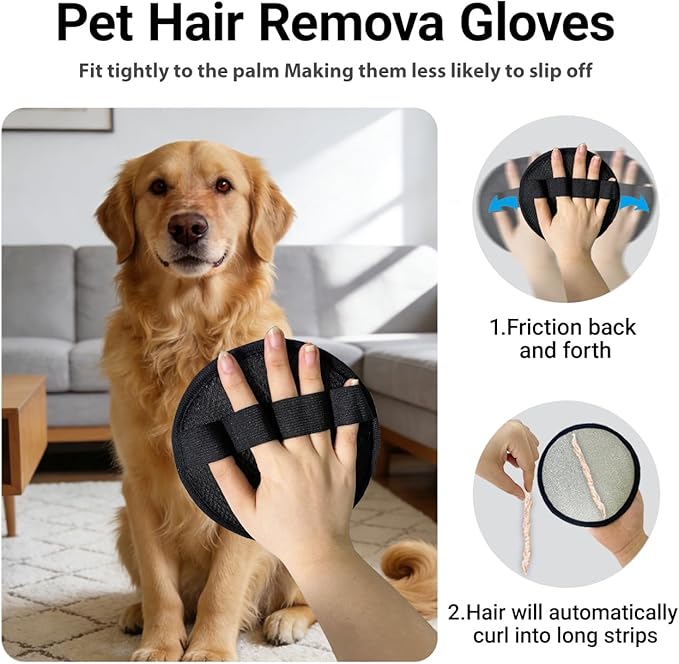 4Pack Pet Hair Removal Glove for Cats and Dogs, Four-Finger Circular Design with Soft Lining and Hanging Loop, Reusable Pet Grooming Gloves for Clothing, Carpet, Car Seats (Black)
