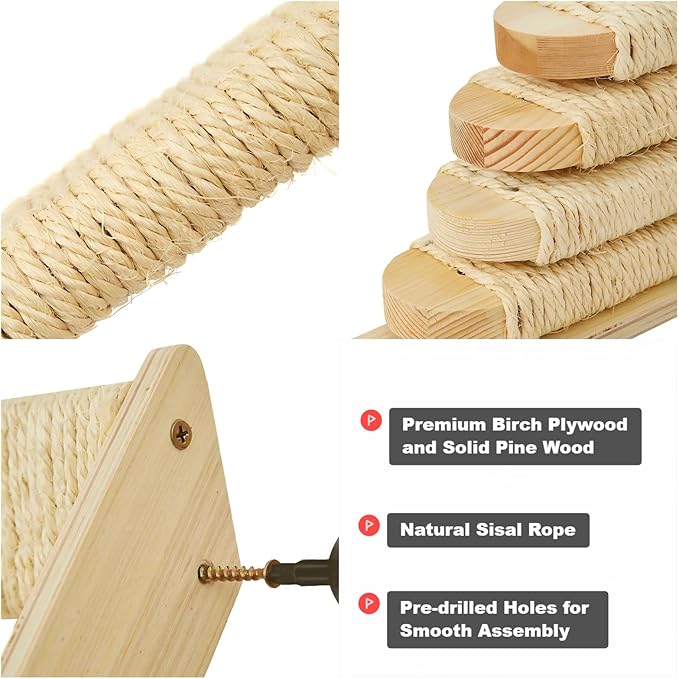 Wall-Mounted Cat Stairs, 4-Step Pine Wood Cat Ladder with Sisal Rope, Space-Saving Climbing Solution for Cats