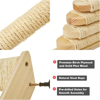Wall-Mounted Cat Stairs, 4-Step Pine Wood Cat Ladder with Sisal Rope, Space-Saving Climbing Solution for Cats