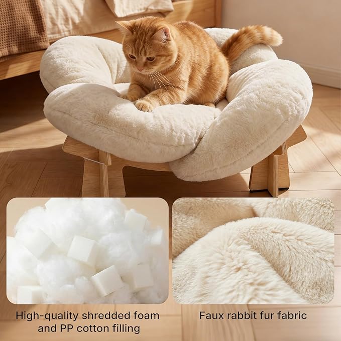 Veehoo Modern Elevated Cat Bed with Washable Fluffy Cushion for Indoor Cats & Small Dogs, Wooden Raised Pet Couch Sofa, Cozy Lounge Chair Suitable for Puppy, Cat Furniture