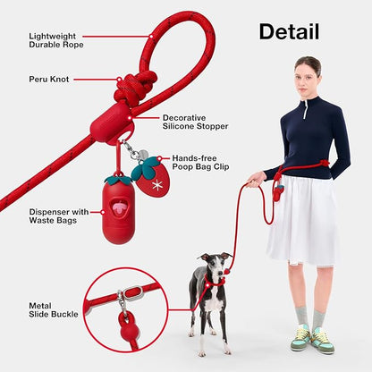 VETRESKA Hands-Free Dog Leash, 8FT Adjustable Rope Leash for Medium Large Dog, Waist/Crossbody Slip Lead Leashes for Walking, No Pull Leashes with Bag Dispenser, Clip, 3 in 1 Walk Kit (Strawberry)