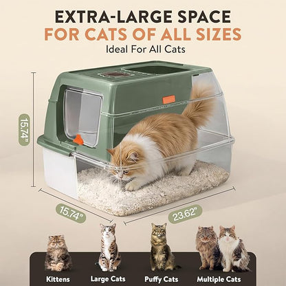 XL Stainless Steel Cat Litter Box with Enclosure and Pooper Scooper - Durable Black Metal Litter Box for Big Cats, High Sides for Anti-Leakage, Never Absorbs Odors, Non-Sticky - (60x40cm) (Sage)