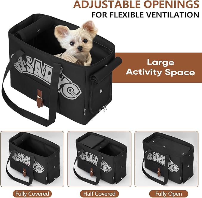 Dog Purse Carrier for Small Dogs, Cats and Puppies – Soft-Sided Foldable Pet Travel Bag with Multi Pockets, 3-Sided Mesh & Rollable Cover for Nervous Cats, Fits Pets up to 15 lbs (Black & Silver)