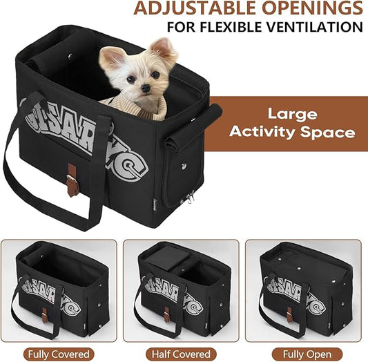 Dog Purse Carrier for Small Dogs, Cats and Puppies – Soft-Sided Foldable Pet Travel Bag with Multi Pockets, 3-Sided Mesh & Rollable Cover for Nervous Cats, Fits Pets up to 15 lbs (Black & Silver)