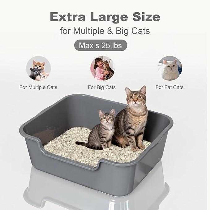 Extra Large Cat Litter Box (ABS Material), Low Entry High Sides Senior Litter Pen for Geriatric Kitty Big Cats, Jumbo Litter Boxes Tray for Multi Cat Indoor Pets Potty (Gray, 24" L x 20" W x13)