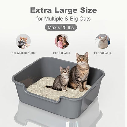 Extra Large Cat Litter Box (ABS Material), Low Entry High Sides Senior Litter Pen for Geriatric Kitty Big Cats, Jumbo Litter Boxes Tray for Multi Cat Indoor Pets Potty (Gray, 24" L x 20" W x13)