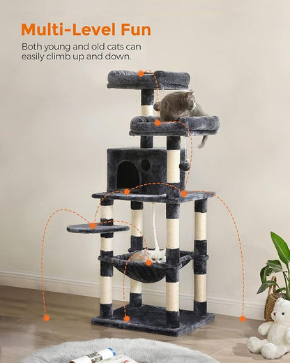 Feandrea Cat Tree, 56.3-Inch Cat Tower, Multi-Level Plush Condo with 11 Scratching Posts, 2 Perches, Hammock, Cave, Smoky Gray UPCT15GYZ