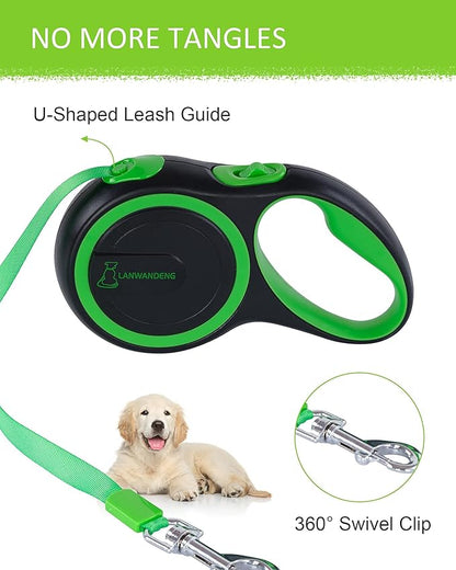 26FT Long Chew Proof Retractable Dog Leash with 2 Heavy Duty Anti-Chewing Wire Ropes, 360° Tangle-Free Dog Lead with Anti-Slip Handle for Small/Medium/Large Dogs Green