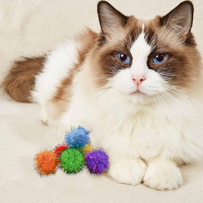 yuntop 70 Pack Assorted Color Sparkle Balls Glitter Tinsel Ball Cat Sparkle Balls Toys Interactive Cats Pom Poms Ball for Kittens Cat's Favorite Toy