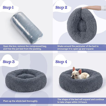 rabbitgoo Dog Bed for Small, 24 inches Machine Washable, Fluffy Donut Pet Bed Anti-Slip, Calming Soft Plush Round Cushion, Fits up to 18 lbs Pets, Dark Grey