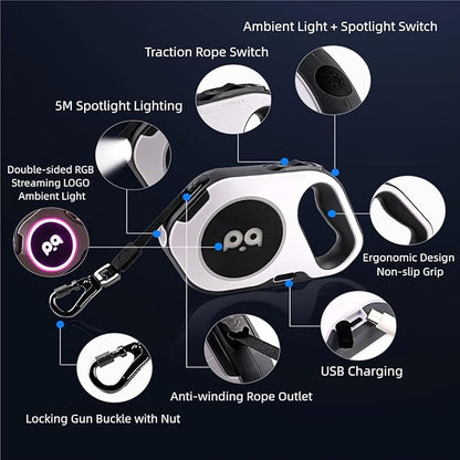 Retractable Dog Leash with Light, Pet Lead, 12-Color Ambient Lighting, Retractable Pet Lead with 360° Anti-Tangle Feature, 5-Meter Length Weighing Up to 40 kg (White, 2.0)