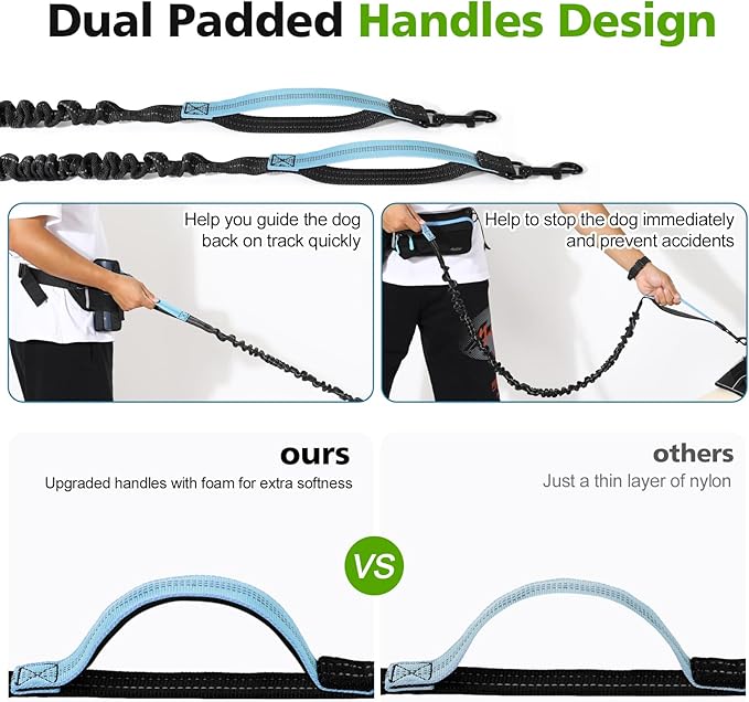 Hands Free Dog Leash 2 Dogs, Adjustable Waist Leash for Dog Walking with Dual Bungees Padded Handle, Shock Absorbing Hands Free for Small Medium-Sized Dogs Outdoor Activities, Black+Blue
