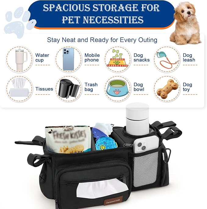 Dog Stroller Organizer Bag, Dog Mom Gifts for Women Pet Stroller Caddy, Stroller Accessories with Cup Holder, Poop Bag Dispenser, Pockets for Dog Essentials, Fits 14–19" Handles, Dog Mom Gift Ideas