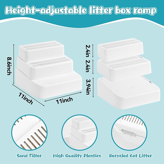 BALAPET Adjustable 3 Steps Litter Box Ramp with Filter Function, Detachable Litter Trapper, Easy Clean Cat Litter Stair for Small & Elderly Cats(White)