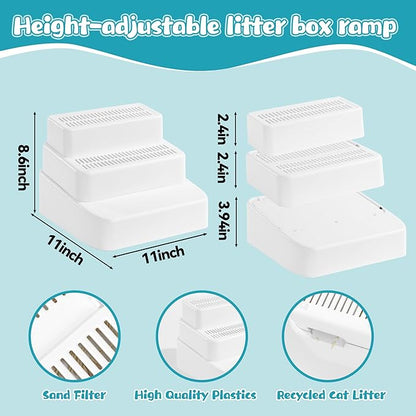 BALAPET Adjustable 3 Steps Litter Box Ramp with Filter Function, Detachable Litter Trapper, Easy Clean Cat Litter Stair for Small & Elderly Cats(White)