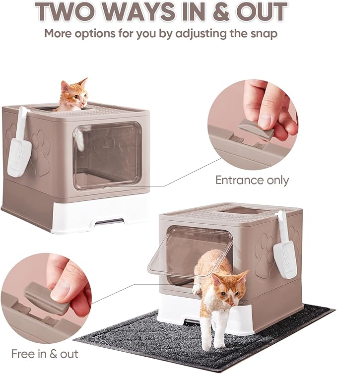 Cat Litter Box with X-Large Litter Mat and Scoop, Large Covered Litter Box with Lid, Enclosed Kitty Box,Front Top Entry Exit, Odor Control Easy to Clean (Upgrade Coffee)