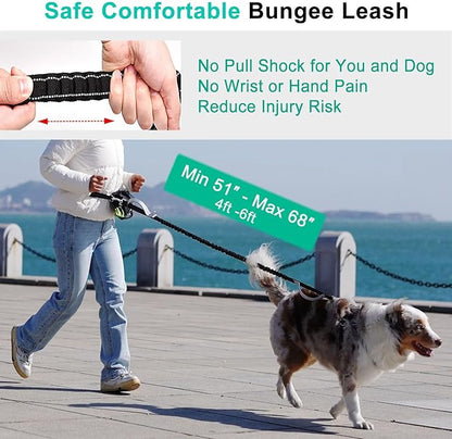 Hands Free Dog Leash with Pouch, Waist Leash for Dog Walking with Water Bottle Holder, Reflective Stitching, Dual Handle, Bungee Retractable Running Medium to Large Black 25-120 lbs