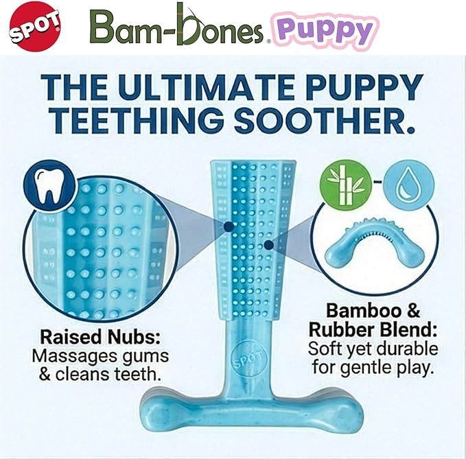 SPOT Bam-Bones Puppy T-Bone Dog Chew Toy, Chicken Flavor, 6 Inch, Bamboo Fiber & Flexible Rubber, Easy Grip Design for Gentle Chewers, Small Dogs & Puppies