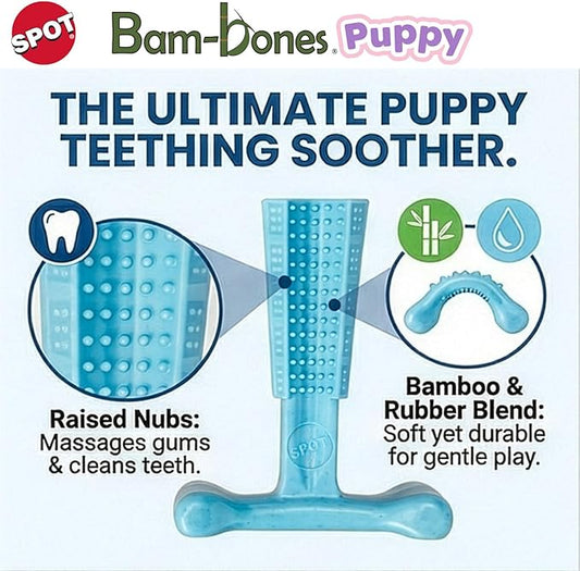 SPOT Bam-Bones Puppy T-Bone Dog Chew Toy, Chicken Flavor, 6 Inch, Bamboo Fiber & Flexible Rubber, Easy Grip Design for Gentle Chewers, Small Dogs & Puppies