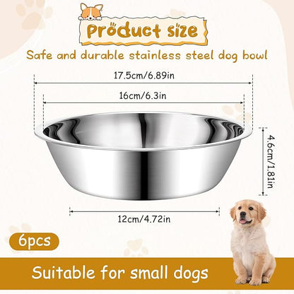 6 Pack Stainless Steel Metal Dog and Cat Bowls, 15 oz Metal Pet Food and Water Bowl 7" Diameter Durable Basic Pet Bowls Lightweight Pets Replacement Bowl for Small Medium Large Dogs, Dishwasher Safe