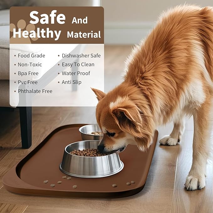 Silicone Pet Food Mat with Raised Edge for Food and Water Bowl, Dog Feeding Mats, Cat Food Trays for Floor Waterproof, Rubber Tray for Dogs and Cats, 19 x 12 x 0.7 Brown