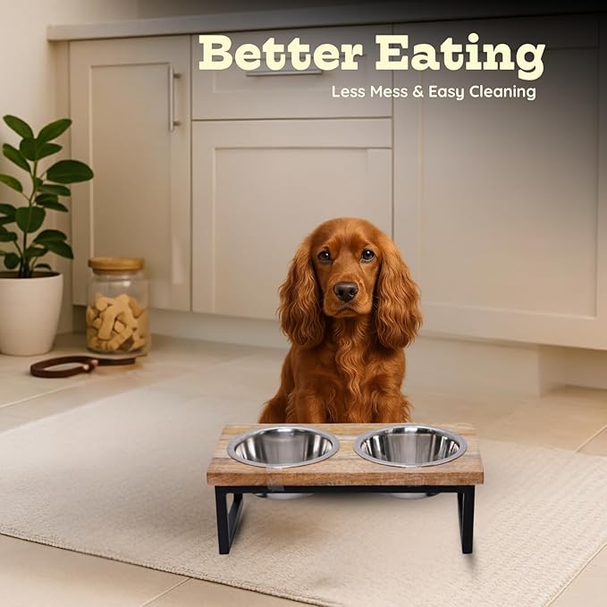 Elevated Dog Bowls, Medium 5.2 Height Mango Wood Raised Dog Bowl Iron Stand Frame with 64oz 2 Pcs Stainless Steel Pets Dishes, Food & Water 8Cup, 1.9L Capacity Nonslip Cat Feeding Station