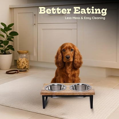 Elevated Dog Bowls, Medium 5.2 Height Mango Wood Raised Dog Bowl Iron Stand Frame with 64oz 2 Pcs Stainless Steel Pets Dishes, Food & Water 8Cup, 1.9L Capacity Nonslip Cat Feeding Station