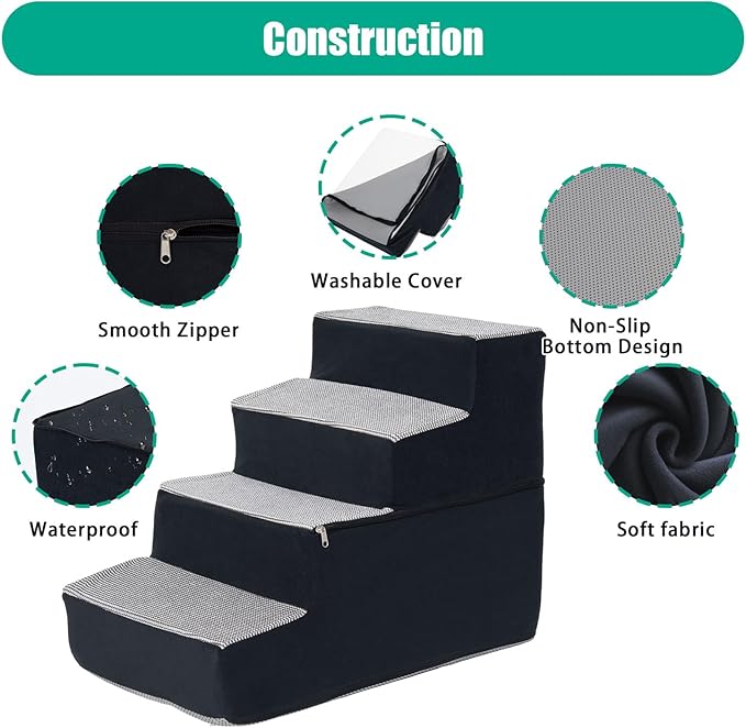 Dog Stairs for Small Dogs 18" H, Non-Slip Pet Stairs Ramp for Small Medium Dogs and Cats, Doggy Steps for Bed, Couch or Chair, High Density Foam Indoor (Grey, 15"x24"x18", 4)