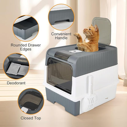 Cat Litter Box with Litter Mat, 18"x14"x13" Large Litter Box for Big Cats, Enclosed Removable Litter Boxs, Front Entry Top Exit Kitty Box, Odor Control, Easy to Clean (Grey)
