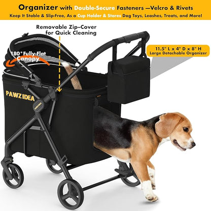 PAWZIDEA Large Dog Stroller up to 80 lbs, No-Zip 180° Reversible Canopy Lockable, Lightweight Pet Stroller for 2 Medium Dogs, One-Hand Foldable, Low-Entry, All-Terrain Jogger Wheels, Storage Organizer