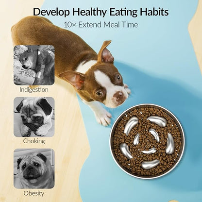 Metal Slow Feeder Dog Bowl, Food Grade Stainless Steel Dog Slow Feed Bowl with Non-Slip Base, 5 Cups Capacity Slowing Eating Pet Dishes Bowls for Puppy, Medium & Large Breed, Hound