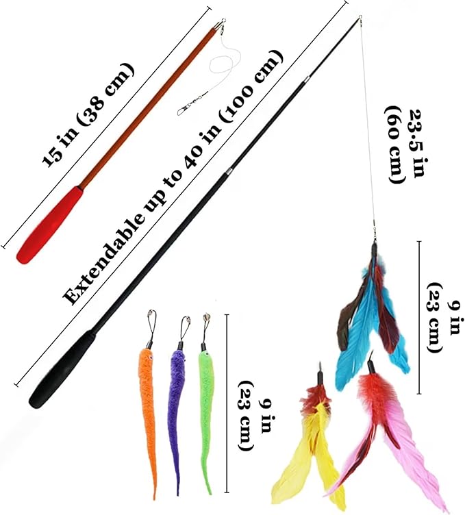 Vila Cat Feather Teaser Wand, Interactive Training and Exercise Wand Wonder, for Kittens and Adult Felines, Suits All Breeds and Sizes, 2 Retractable Poles, Worm Attachments and Strings