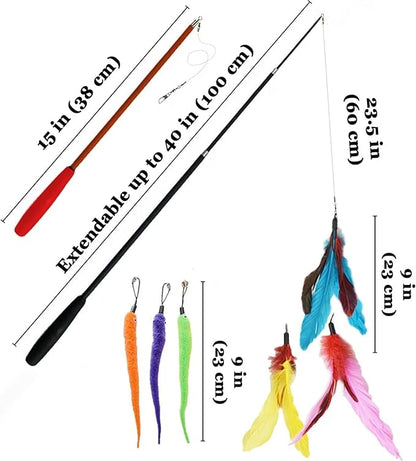 Vila Cat Feather Teaser Wand, Interactive Training and Exercise Wand Wonder, for Kittens and Adult Felines, Suits All Breeds and Sizes, 2 Retractable Poles, Worm Attachments and Strings