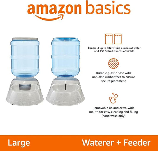 Amazon Basics Large Capacity Automatic Pet Water Dispenser and Gravity Feeder Set, Easy to Clean, 456.6fl.oz Food, 382.1fl.oz Water, Gray