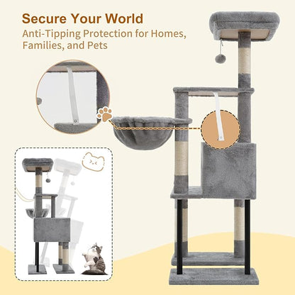 Heybly Cat Tree, 49.2 Inches Cat Tower for Indoor Cats, Spacious Cat House Condo with Hidden Space，Sturdy Steel Tube，Soft Plush Top Perch，Cozy Hammock and Sisal Scratching Posts, Light Gray HCT200SW