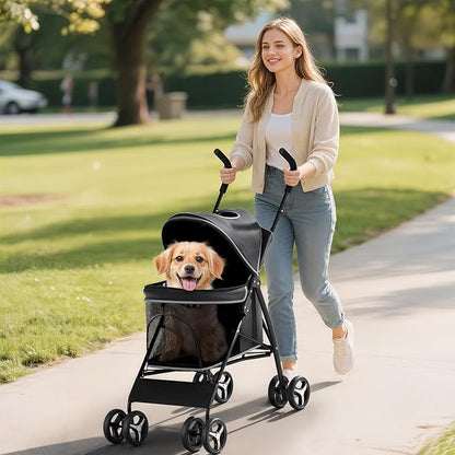 Pet Stroller for Small Dogs & Cats, 10-22lbs, Rear Storage, Black