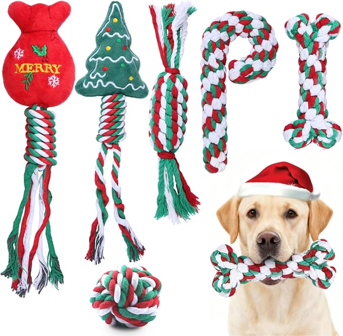 6 Pack Christmas Dog Rope Toys for Small Medium Dog, Chew Training Cotton Toys for Puppy Teeth Cleaning and Interacting Play Games