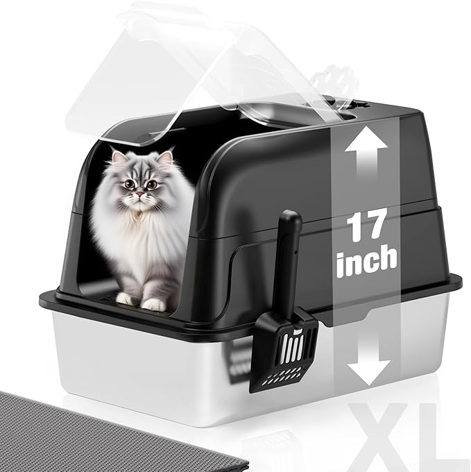 Stainless Steel Cat Litter Box Fully Enclosed, Extra Large Metal High Sided Cat Box with 120° Fully Transparent See-Through Flip Lid, Scoop & Mat - Black - XL