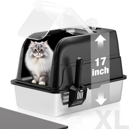 Stainless Steel Cat Litter Box Fully Enclosed, Extra Large Metal High Sided Cat Box with 120° Fully Transparent See-Through Flip Lid, Scoop & Mat - Black - XL