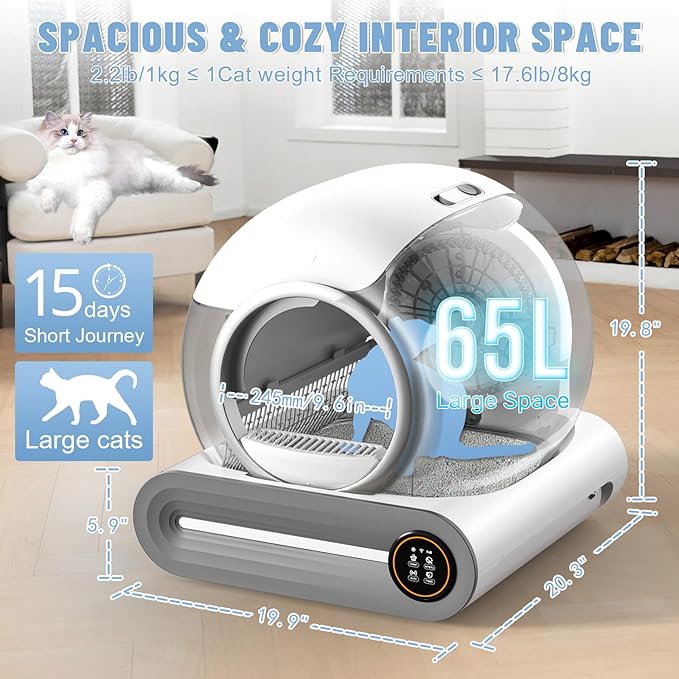 SUW Self Cleaning Litter Box, Automatic Cat Litter Box for Multiple Cats, 65L+9L Robot, 3 Rolls Grabage Bags Liner, 1 Odor Eliminator, Negative ion Deodorization, APP Control, Toilet Monitorin, White