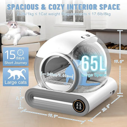 SUW Self Cleaning Litter Box, Automatic Cat Litter Box for Multiple Cats, 65L+9L Robot, 3 Rolls Grabage Bags Liner, 1 Odor Eliminator, Negative ion Deodorization, APP Control, Toilet Monitorin, White