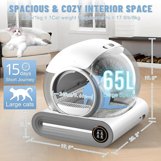 SUW Self Cleaning Litter Box, Automatic Cat Litter Box for Multiple Cats, 65L+9L Robot, 3 Rolls Grabage Bags Liner, 1 Odor Eliminator, Negative ion Deodorization, APP Control, Toilet Monitorin, White