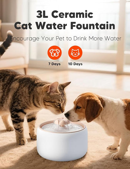 WOPET Premium Ceramic Cat Water Fountain W03 Lite，3L/101oz Automatic Pet Water Fountain for Cats & Dogs, Dishwasher Safe，Luxury Cat Fountain with Ultra-Quiet Pump and Filter & Sponge