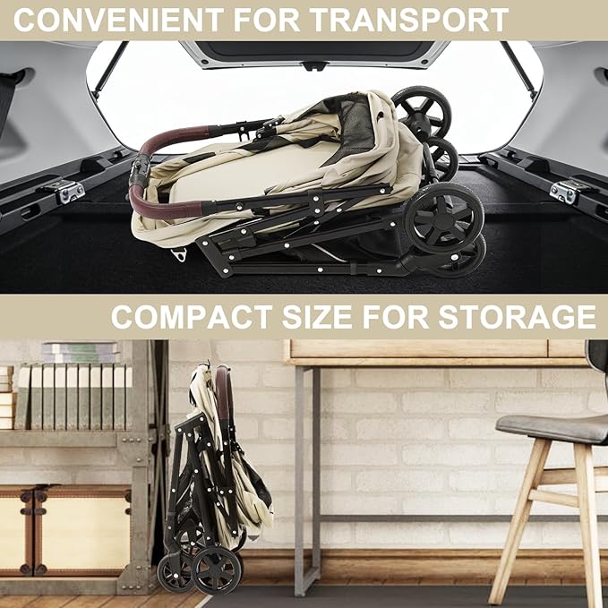 NO-Zip Pet Stroller for Small Dogs & Cats, Lightweight Dog Stroller with Reflective Safety Strips, One-Hand Fold, Claw-Proof Mesh, Breathable Travel Carriage, 33lbs Capacity, White