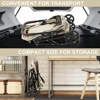 NO-Zip Pet Stroller for Small Dogs & Cats, Lightweight Dog Stroller with Reflective Safety Strips, One-Hand Fold, Claw-Proof Mesh, Breathable Travel Carriage, 33lbs Capacity, White