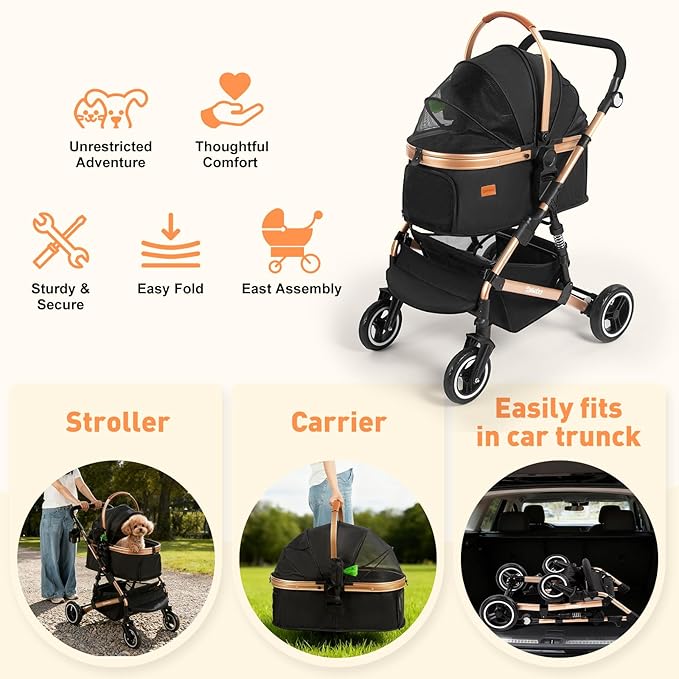 Pet Stroller,Dog Stroller for Medium Dogs Up to 52 Lbs,Cat Strollers for 2 Cats with Waterproof Oxford Fiber Detachable Carrier,Poop Bag Dispenser,Adjustable Handle&Canopy,for Senior Dogs&Cats