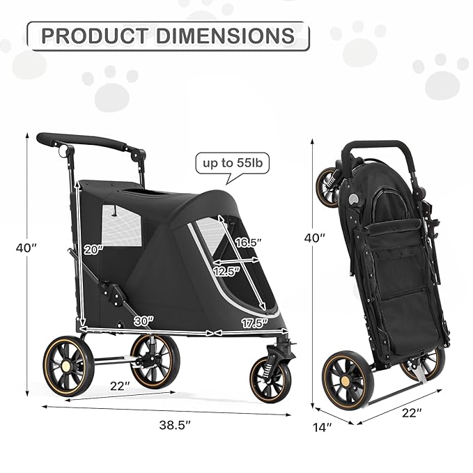 MoNiBloom Pet Stroller for Large Dogs or Multiple Dogs Cats with Adjustable Handle, 3-Wheels Dual Entry Portable Dog Carting Easy Folding Pet Wagon Double Dog Stroller up to 55 lbs, Black
