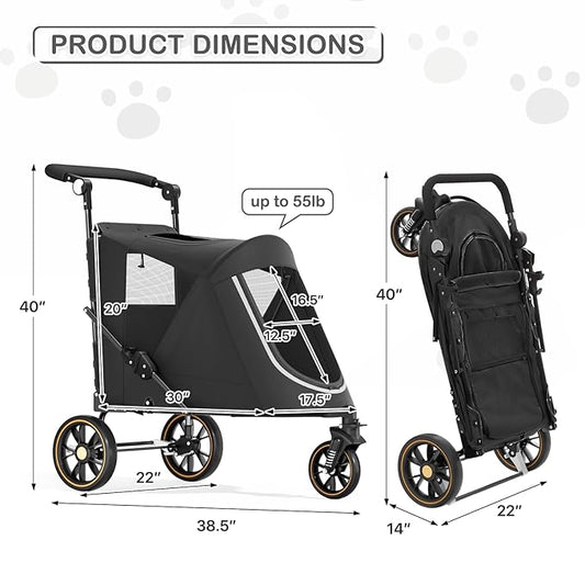 MoNiBloom Pet Stroller for Large Dogs or Multiple Dogs Cats with Adjustable Handle, 3-Wheels Dual Entry Portable Dog Carting Easy Folding Pet Wagon Double Dog Stroller up to 55 lbs, Black