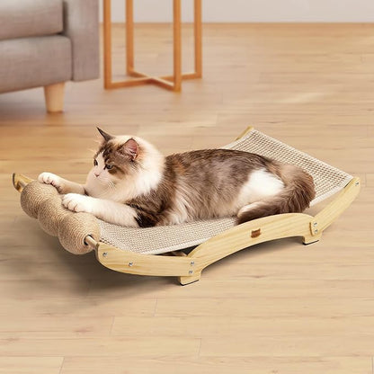 Extra-Larger Sisal Cat Scratcher Bed with Ball, 3-in-1 Cat Scratching Pad with Hammock, Natural Sisal with Solid Wood Frame Cat Scratch Post for Indoor Cats Lounger & Sleep & Scratch(Natural)
