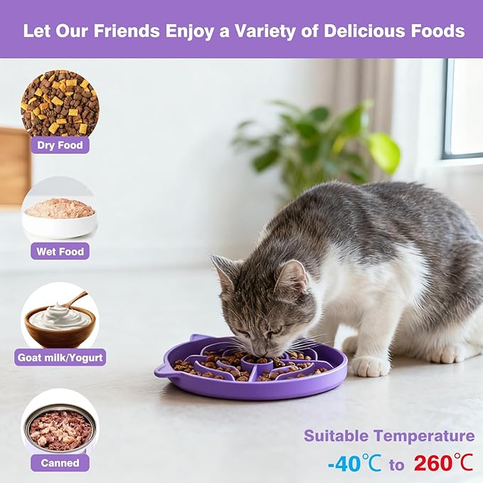 MateeyLife Slow Feeder Cat Bowl, 2 Pcs Cat Puzzle Feeder, Non-Slip Silicone Cat Dish, Prevent Overeating Cat Slow Feeder for Dry and Wet Food, Pet Bowls to Slow Down Eating, Easy to Clean